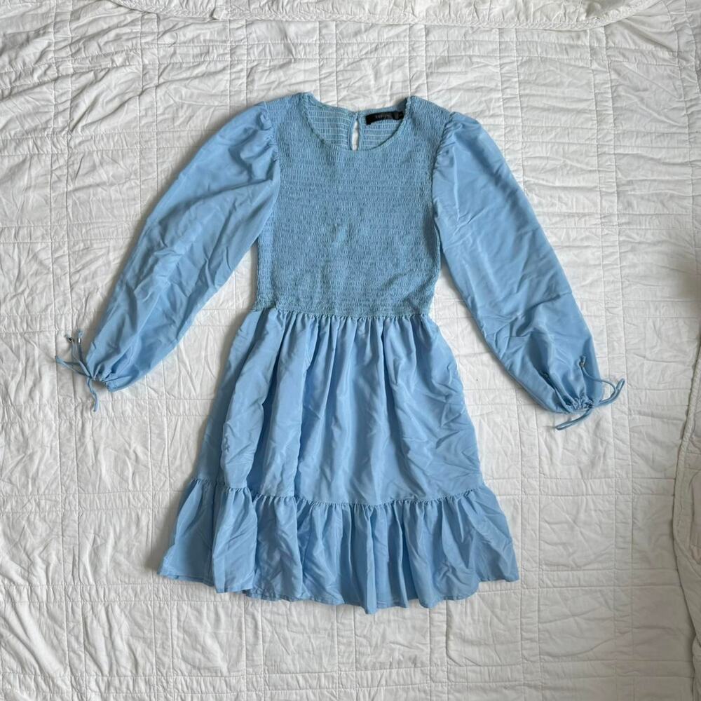 Zesica Women’s Small Blue Smocked Dress Long Sleeve Tiered Mini Dress, Boho Chic